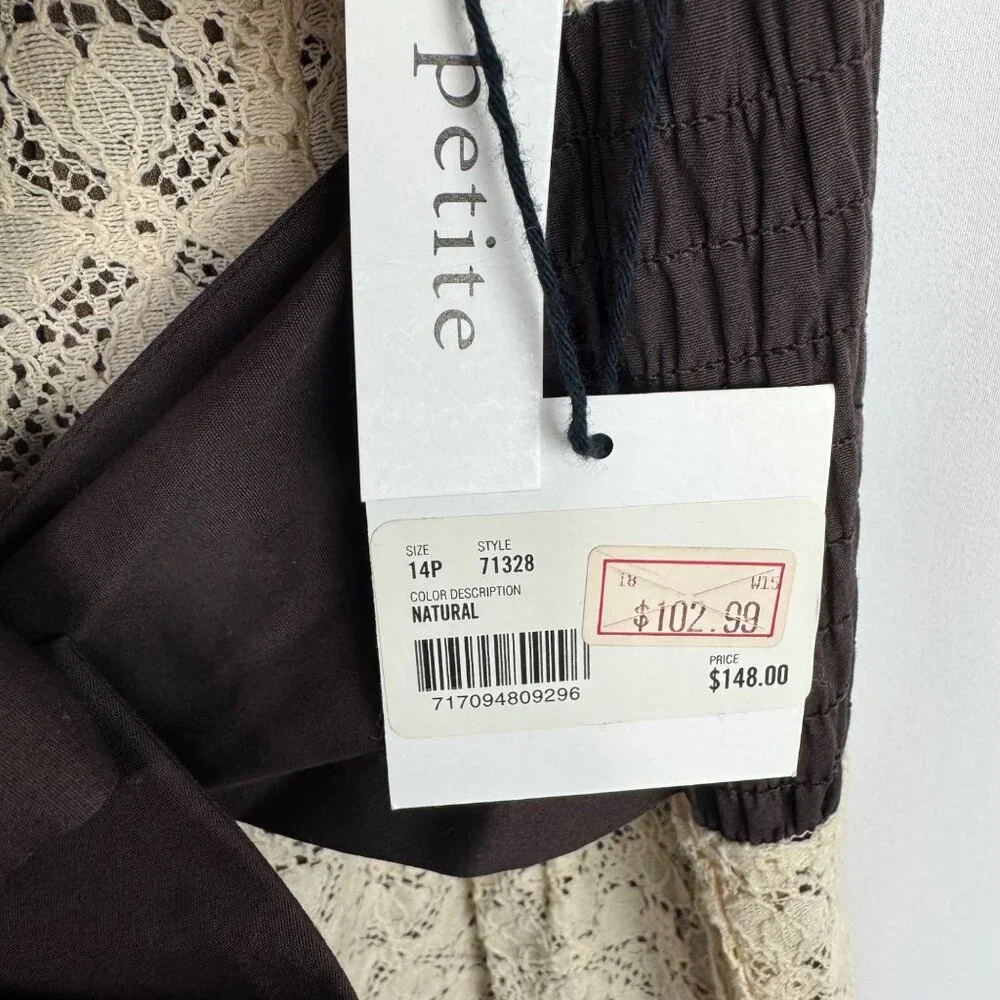 NWT Kate Hill Beige & Brown Lace Dress‎ Bow Tie Waist Cottagecore Prairie Sz 14P